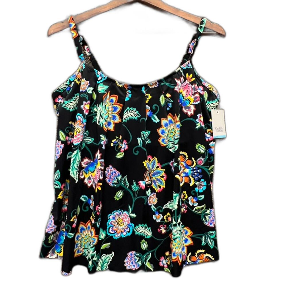Croft & Barrow Pleated Neck Tankini NWT L Black Floral Swim Top